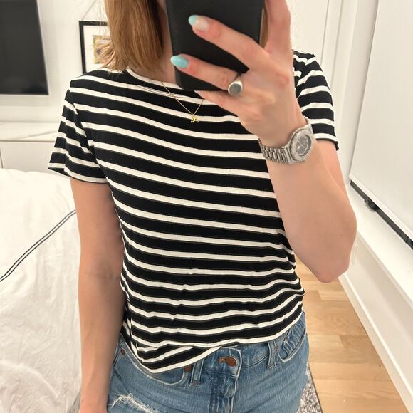 CAbi Short Sleeve Striped Criss Cross T-Shirt Black White Small - Picture 3 of 7